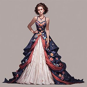 Stylish Woman in Elegant Navy Blue and Pink Floral Gown