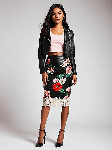 Woman in Casual Chic Black Leather Biker Jacket and Floral Midi Skirt