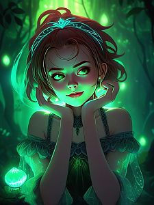 Young Woman with Glowing Green Eyes in Mystical Forest