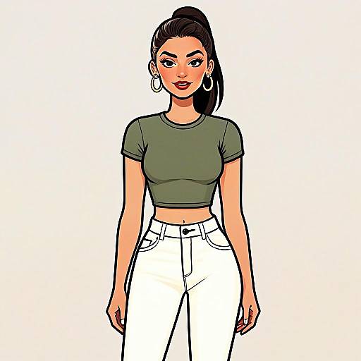 Stylish Woman in Olive Green Crop Top and White High-Waisted Jeans Illustration
