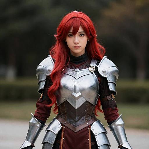 Premium Cosplay Woman with Red Hair in Silver Armor Costume