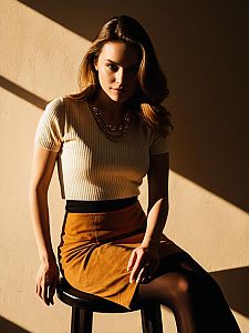 Woman in Casual Chic Cream Knit Top and Suede Skirt with Layered Necklaces