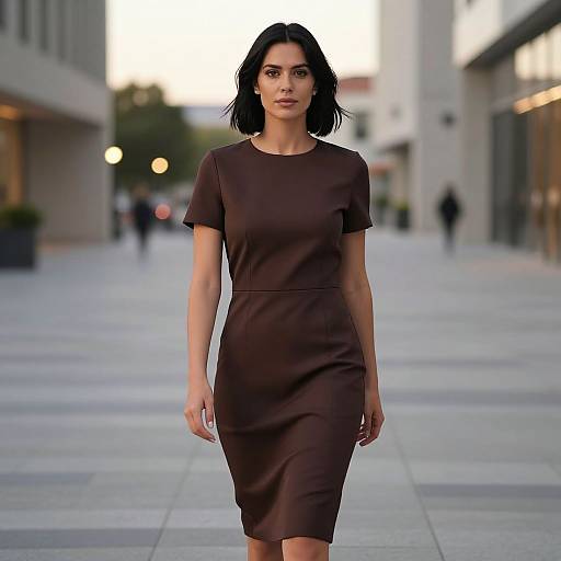Confident Woman Walking in Stylish Brown Dress on Urban Street