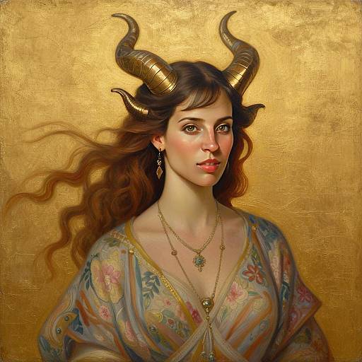 Fantasy Portrait of Woman with Golden Horns in Classical Style