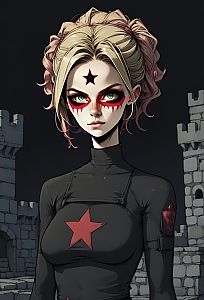 Determined Woman in Black Outfit with Red Stars and Gothic Background