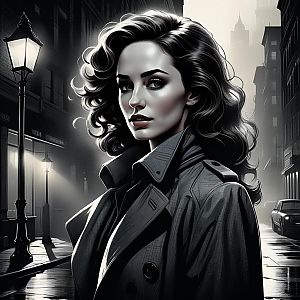 Black-and-White Noir Woman in Trench Coat