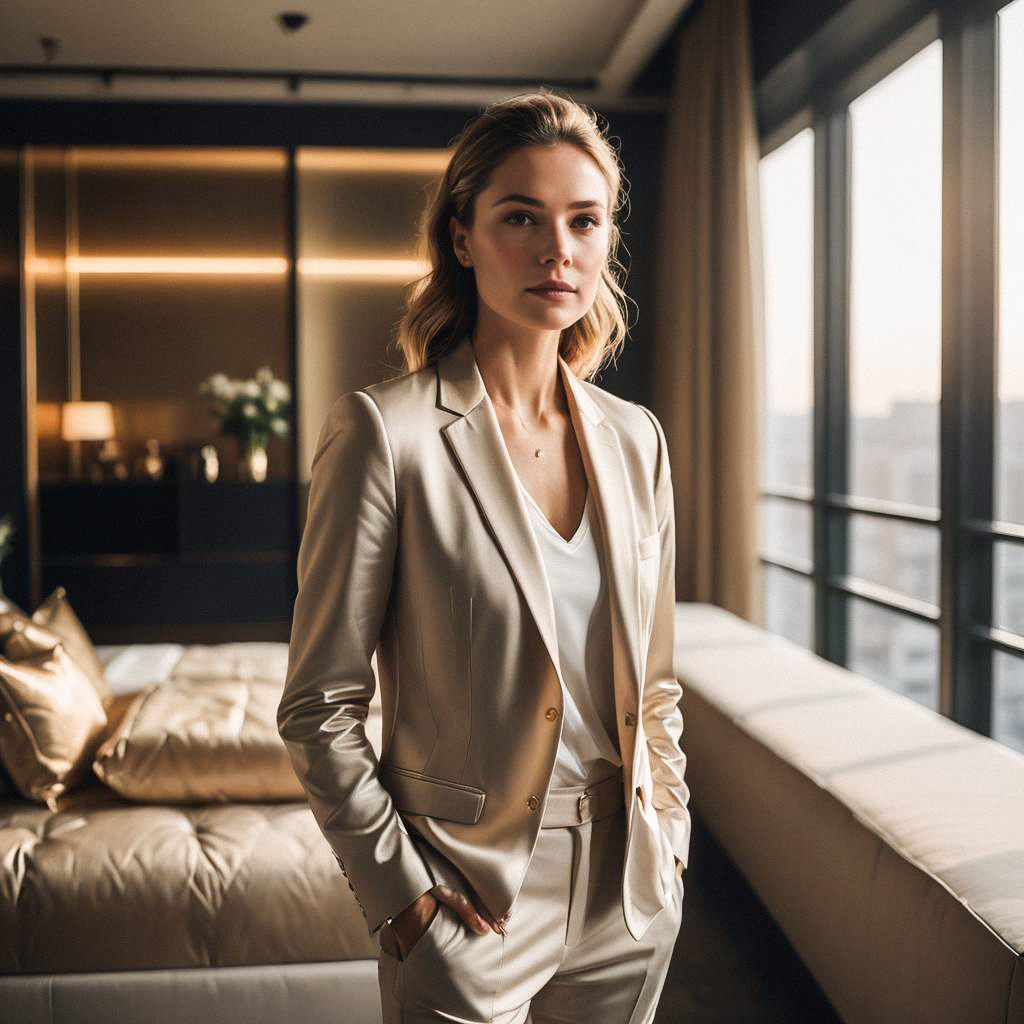 Confident Woman in Light Suit in Modern Hotel Room