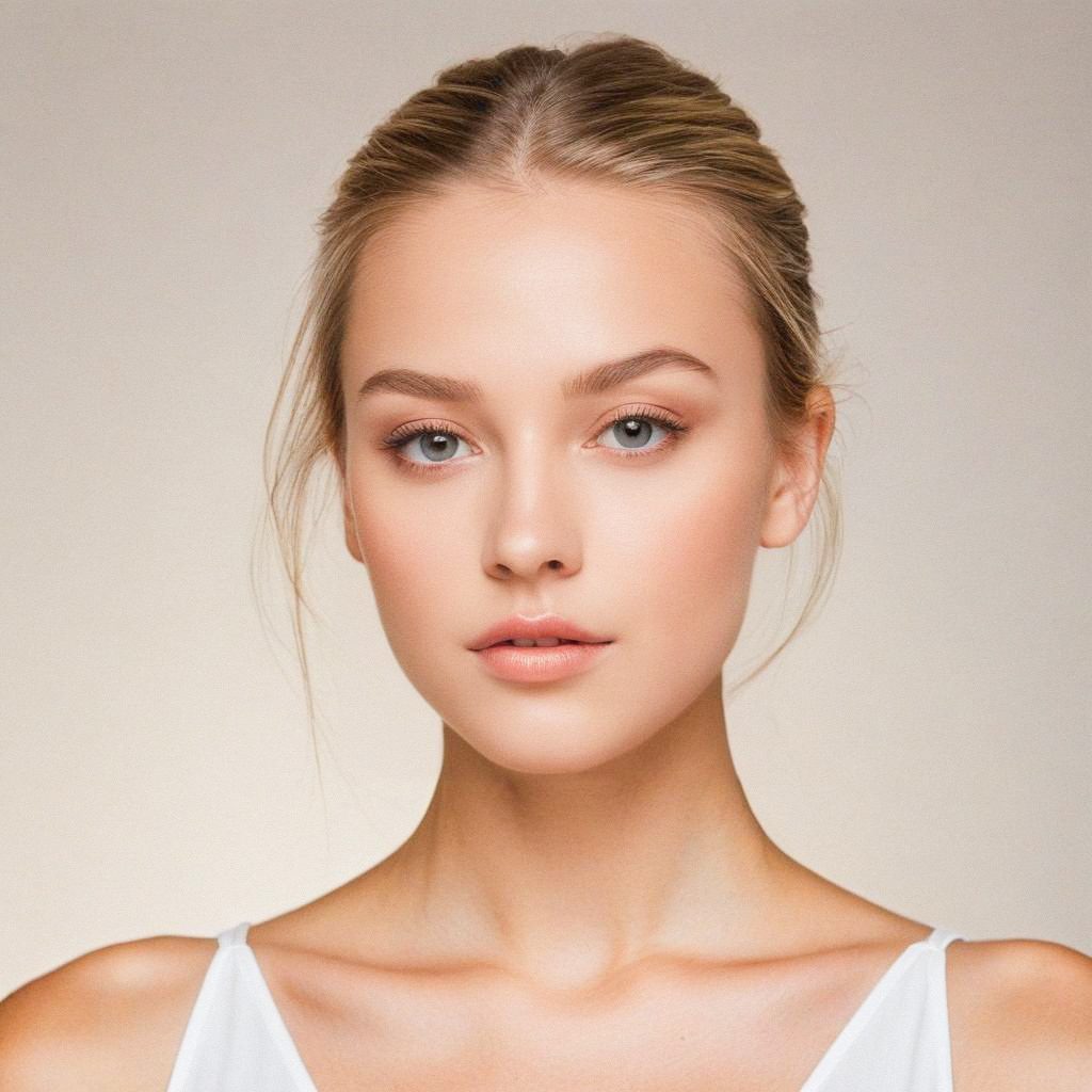 Close-up portrait of a young woman with fair skin and blue eyes