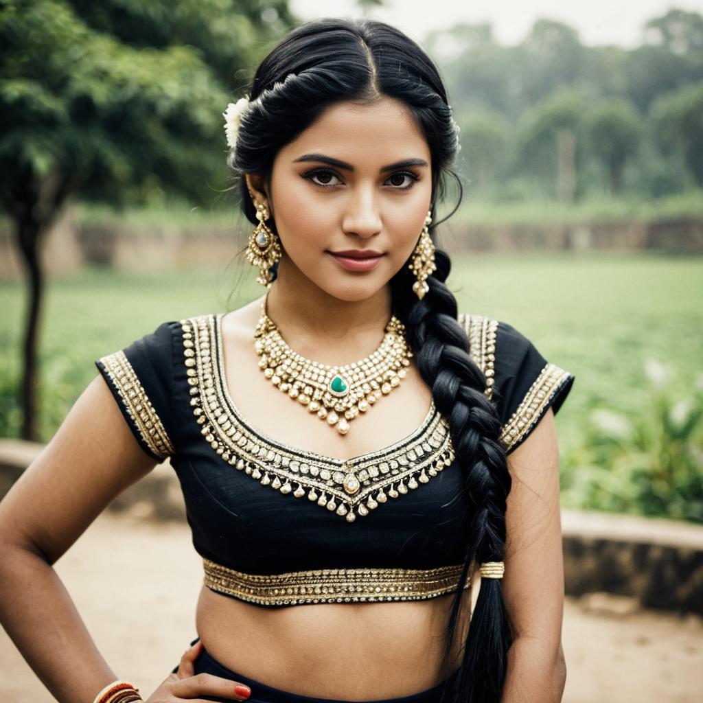 Traditional Black Crepe Lehenga Choli with Jewelry and Braided Hair