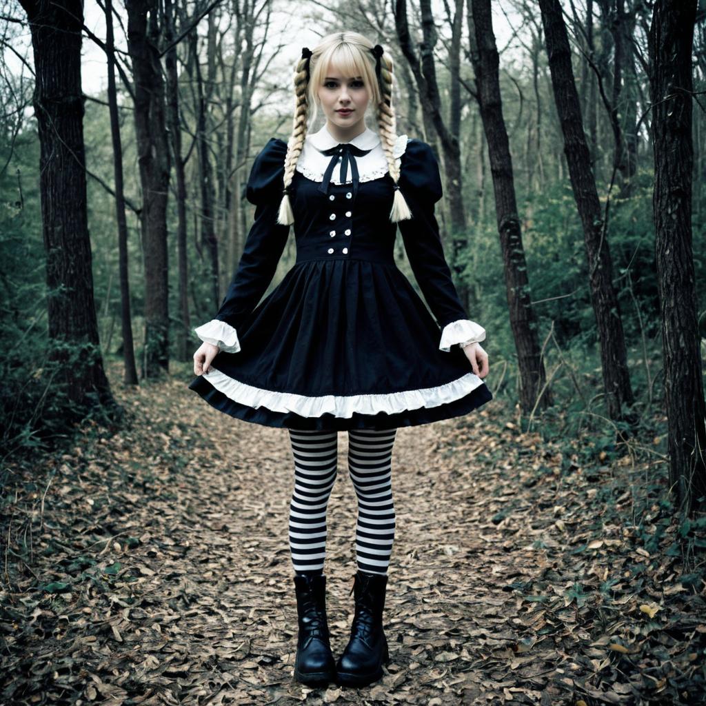 Annabelle-Inspired Gothic Lolita Woman Costume Dress with Striped Tights in Forest