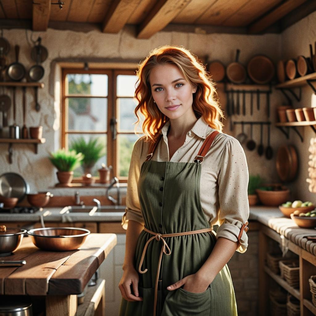 Confident Woman in Rustic Kitchen