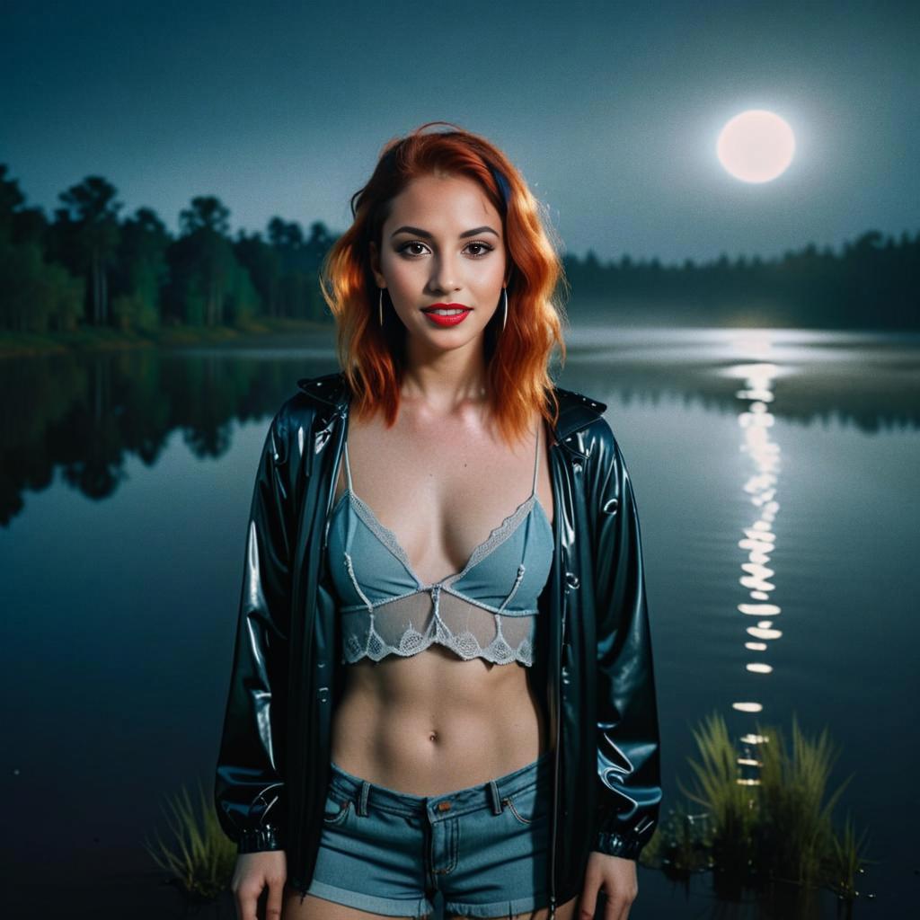 Woman with Red Hair by Lakeside Under Full Moon