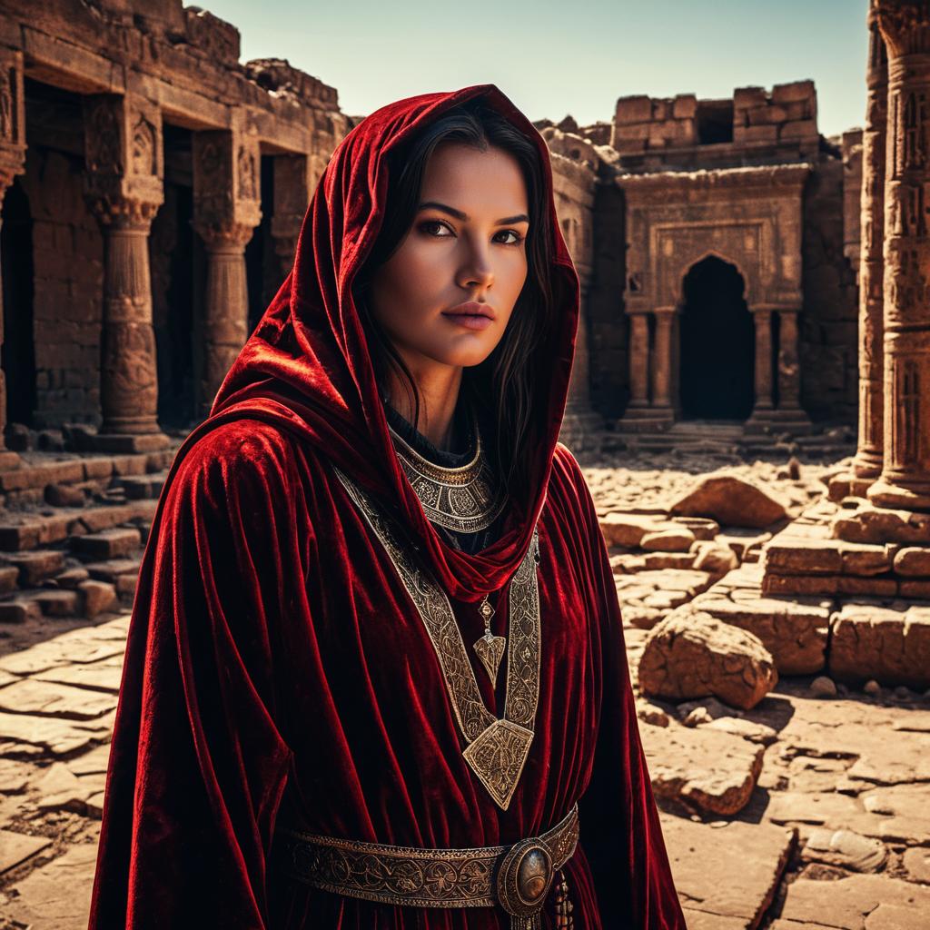 Woman in Red Velvet Hooded Robe at Ancient Stone Temple Ruins