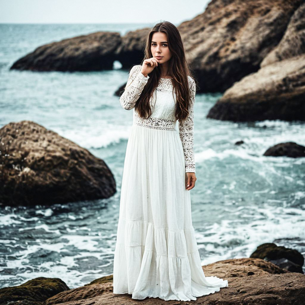 Thoughtful Woman in White Dress on Rocky Shores