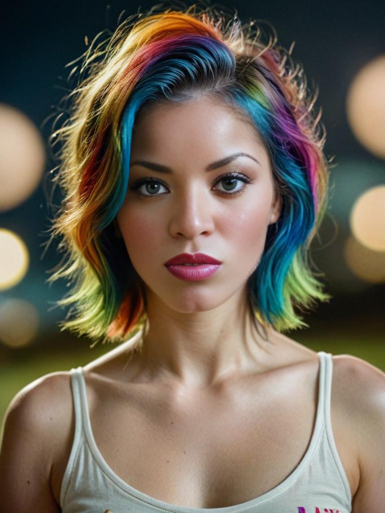 Woman with Rainbow Hair and Captivating Gaze