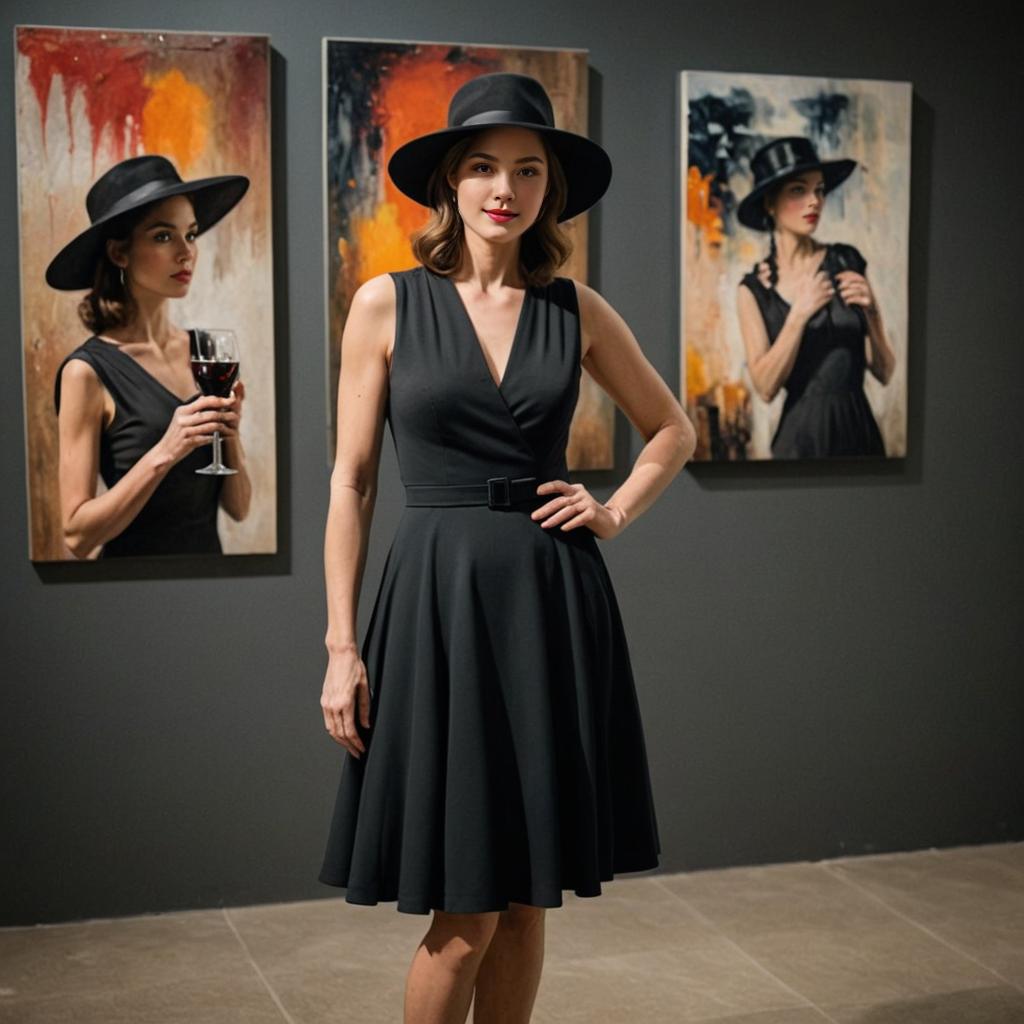 Elegant Woman in Black Dress at Art Gallery