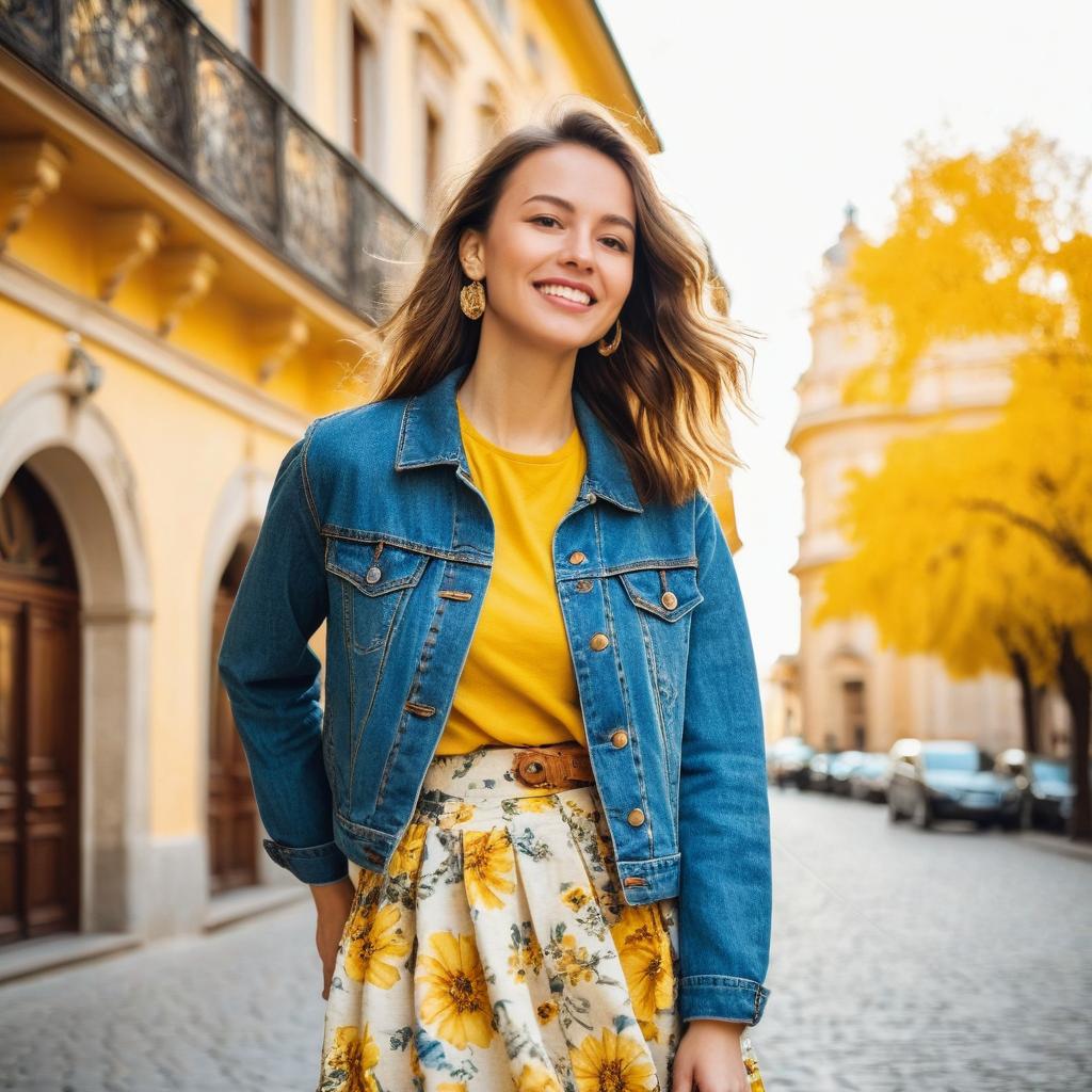Young Woman in Denim Jacket and Floral Skirt on Autumn Street