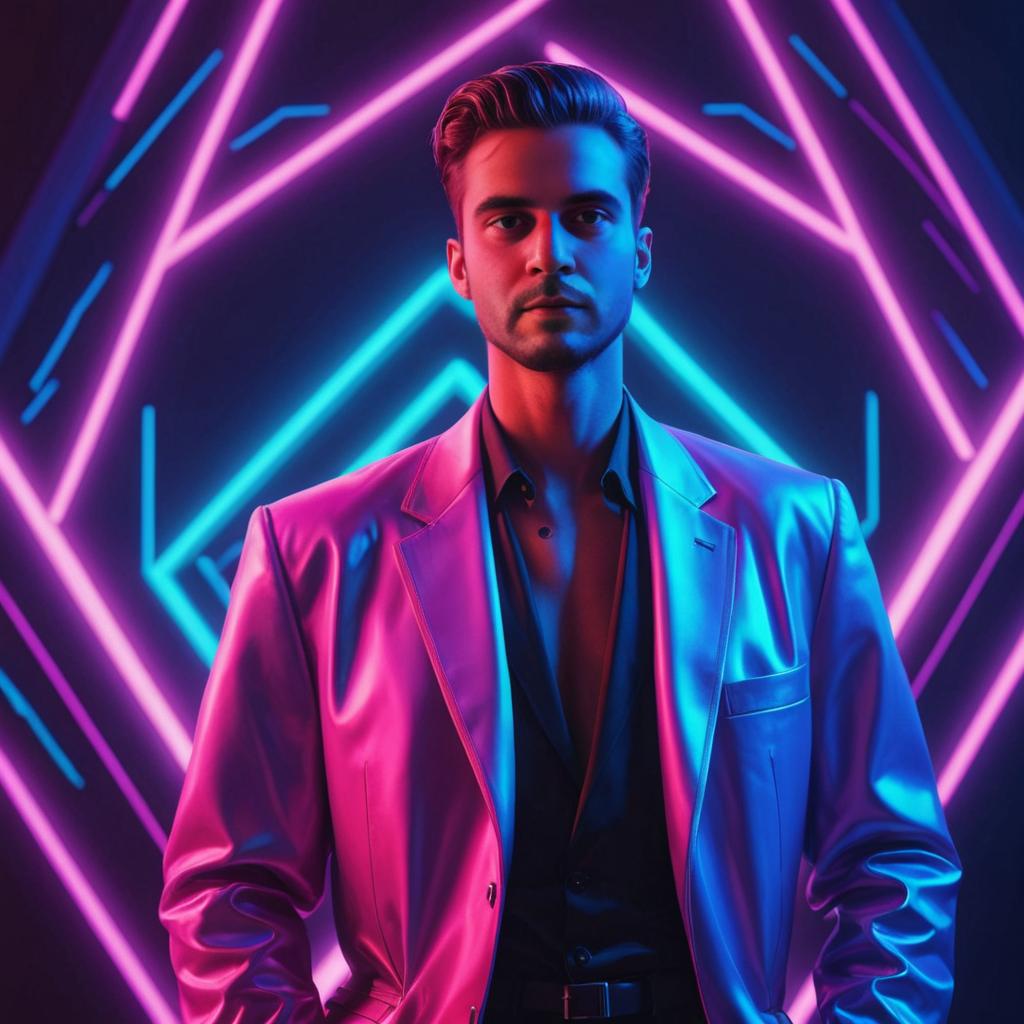 Elegant man in stylish suit under neon lights