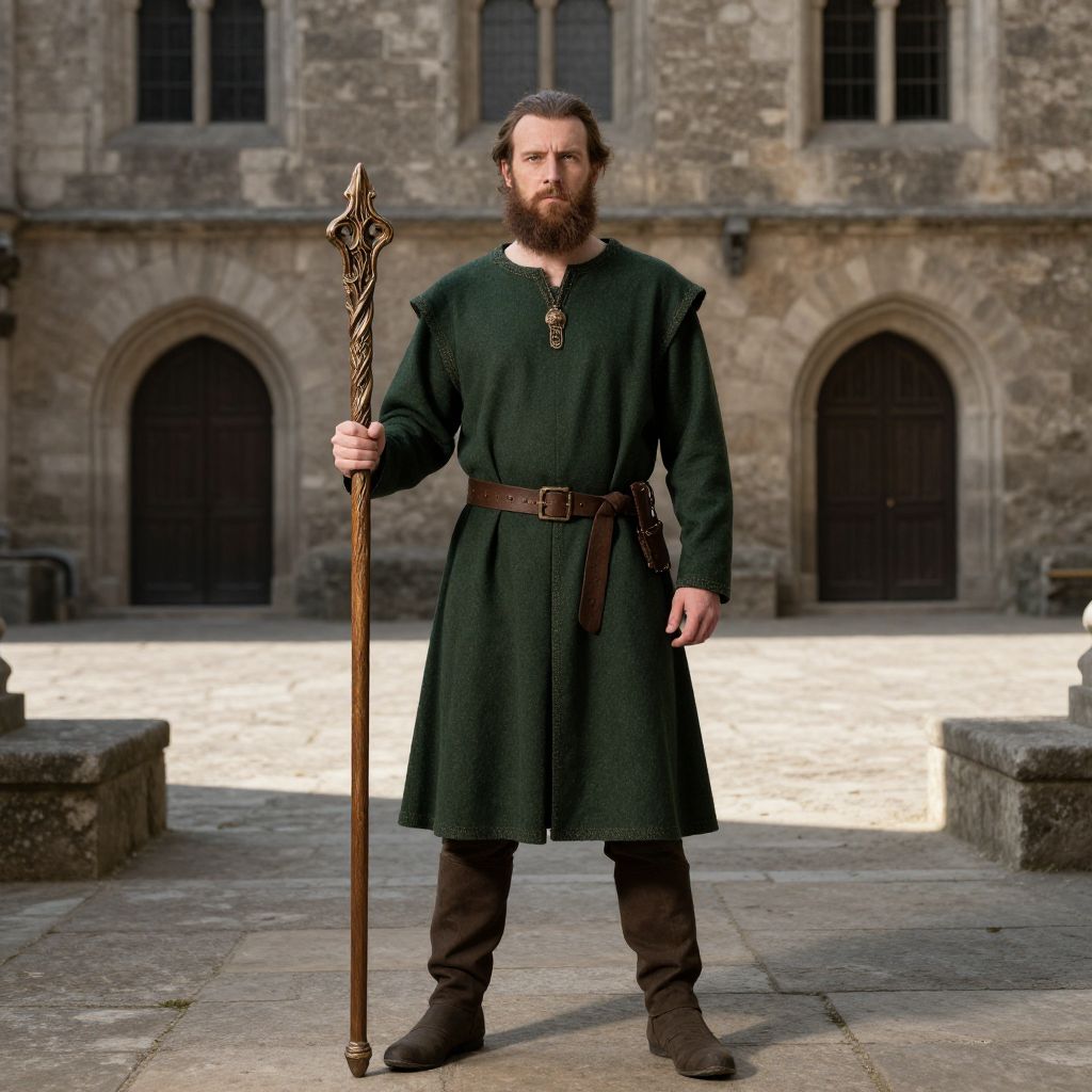 Medieval Man in Green Tunic Holding Ornate Wooden Staff in Stone Courtyard