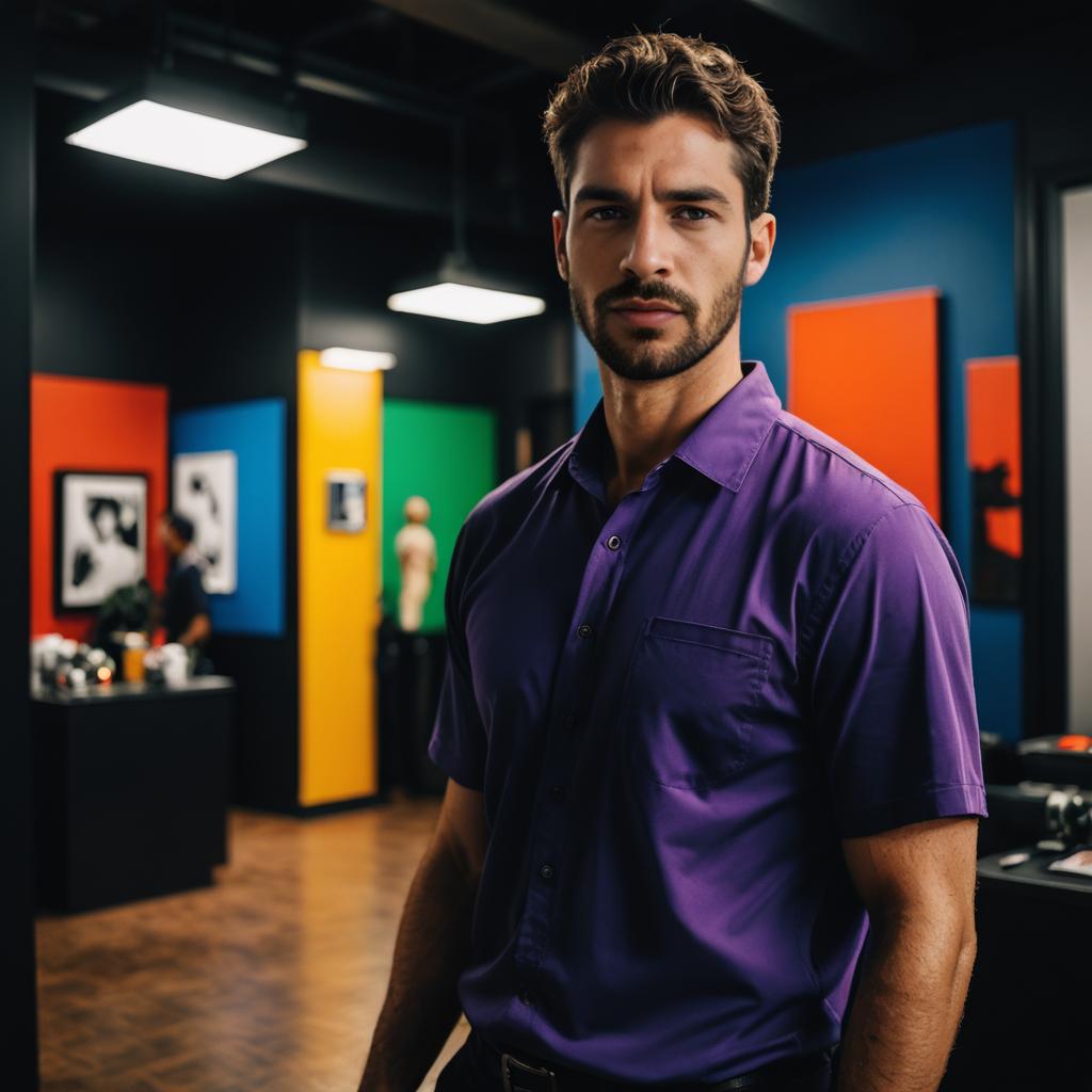 Confident Young Man in Purple Shirt in Modern Gallery