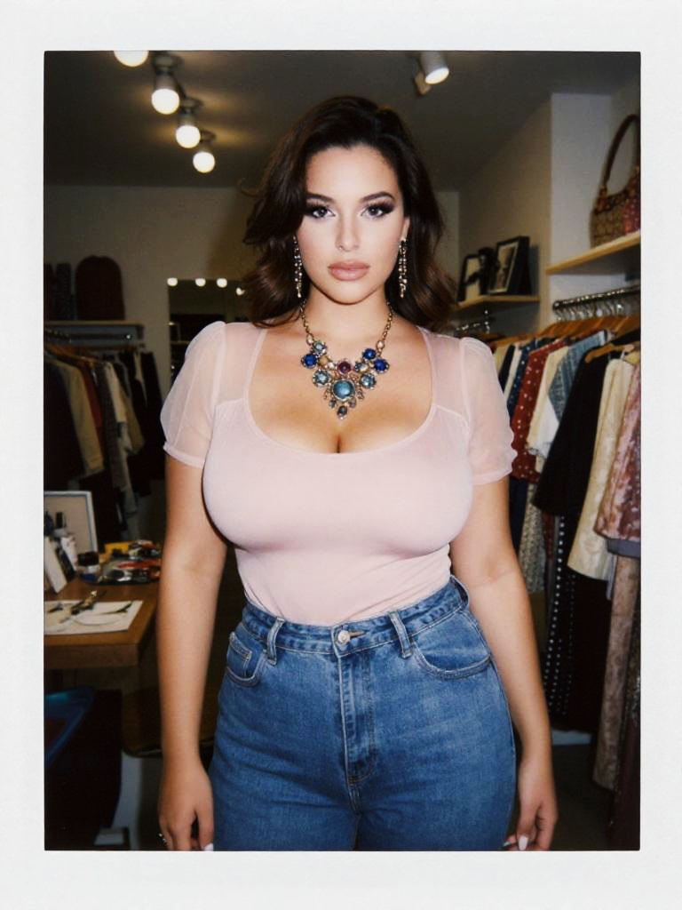 Woman Wearing Pastel Pink Sheer Sleeve Blouse with High Waisted Jeans and Statement Necklace