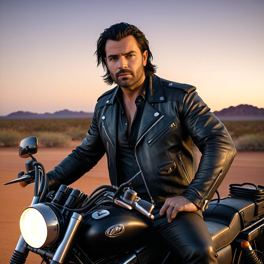 Rugged Man on Motorcycle at Sunset