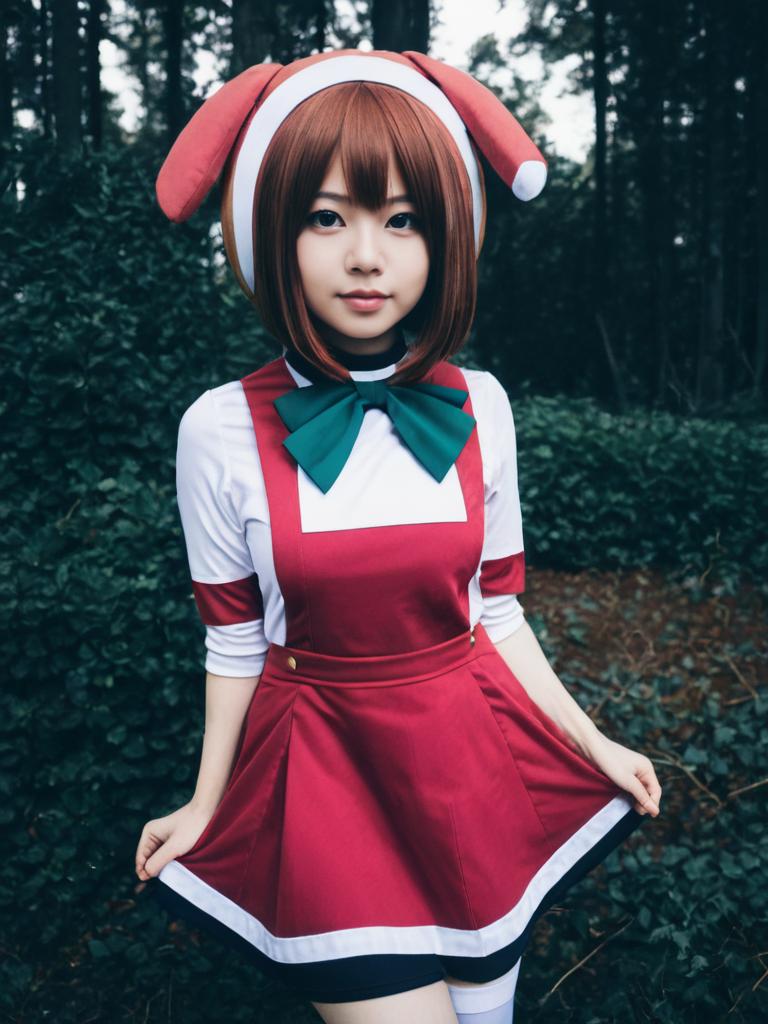 Realistic Ochaco Uraraka Cosplay Woman in Red Dress and Green Bow