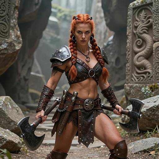 Red-Haired Female Warrior in Fantasy Viking Armor with Double Axes