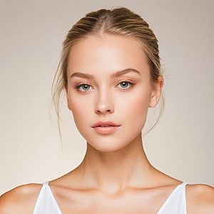 Close-up portrait of a young woman with fair skin and blue eyes