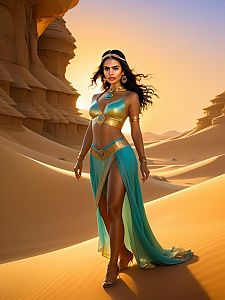 Confident Woman in Turquoise Outfit at Desert Sunset