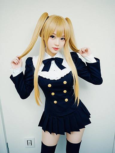 Sexy Cosplay Woman Wearing Lisa Costume with Blonde Twin Ponytails