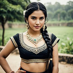 Traditional Black Crepe Lehenga Choli with Jewelry and Braided Hair