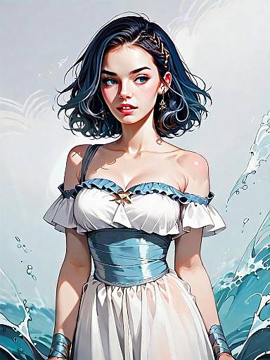 Realistic Anime-Style Portrait of Woman in High-Waisted Wrap Dress with Water Splash Background