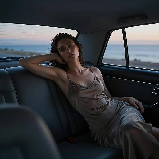 Woman Relaxing in Car Backseat at Twilight by the Ocean