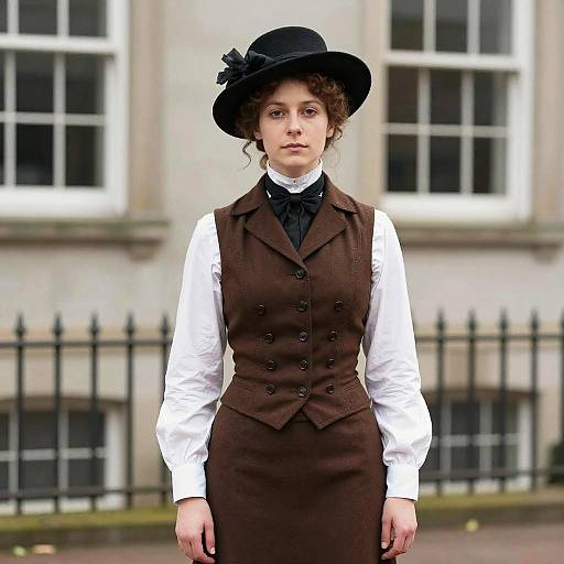 Victorian Costume Woman in Brown Vest and Hat Standing Outdoors