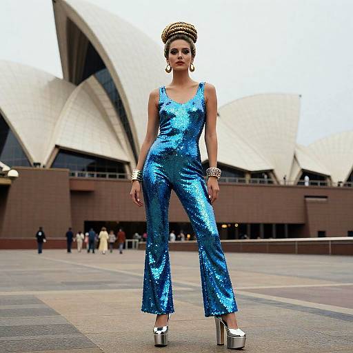 Glamorous Woman in Blue Sequined Jumpsuit at Sydney Opera House