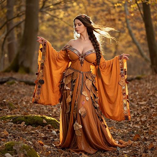 Autumn Forest Woman in Flowing Leaf-Adorned Gown
