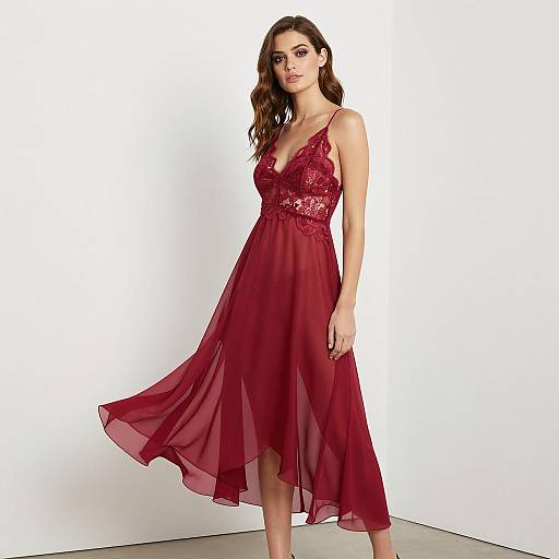 Elegant Woman in Burgundy Lace Chiffon Dress Fashion Pose