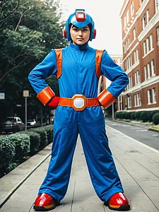 Realistic Mega Man Cosplay Costume Worn by Man on City Sidewalk