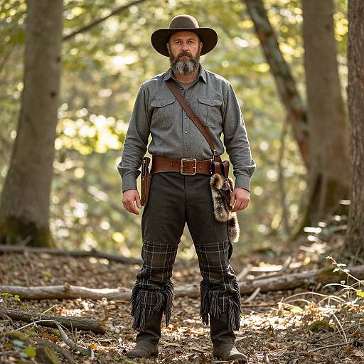 Frontier Man in Traditional Old West Outfit Standing in Forest