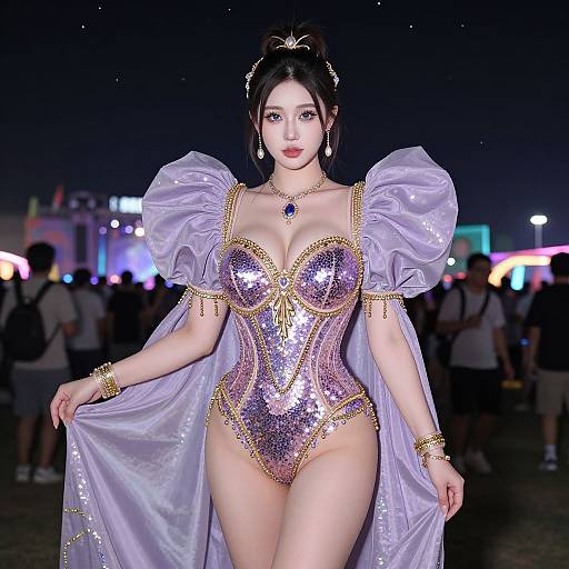 Woman in Shimmering Lavender Fantasy Costume at Night Event