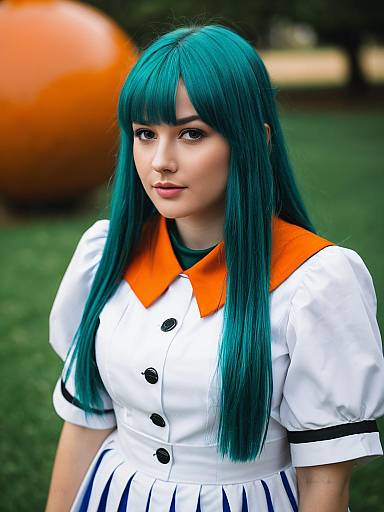 Young Woman with Teal Hair in Vibrant Anime Cosplay Outfit Outdoors