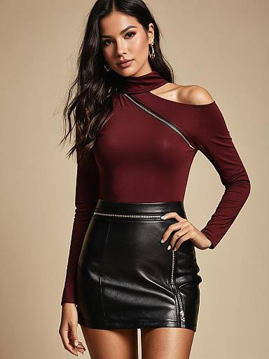 Woman in Contemporary Chic Burgundy Off-the-Shoulder Bodysuit with Black Leather Mini Skirt