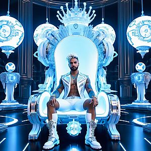 Muscular Man on Rococo Cyberpunk Throne