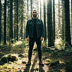 Confident Bearded Man in Forest