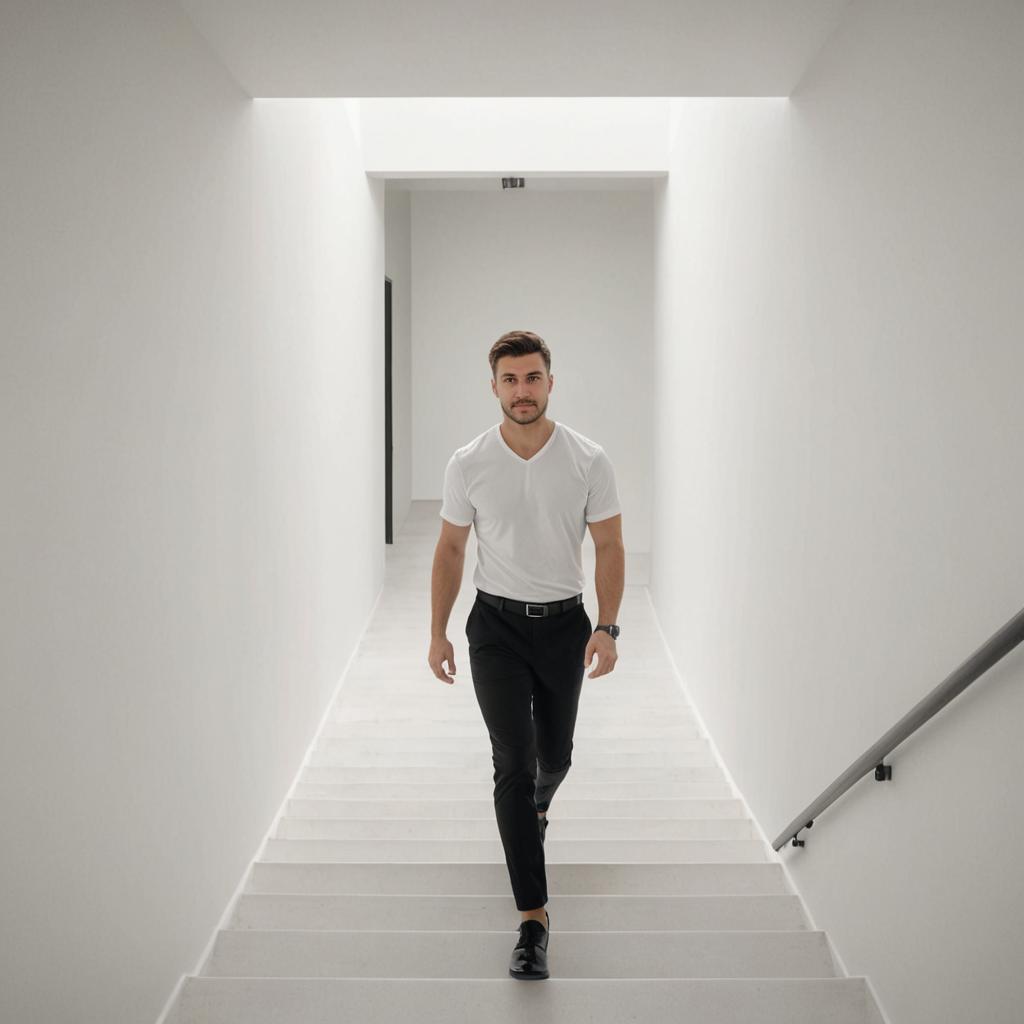 Stylish Man Walking Down Minimalist Staircase