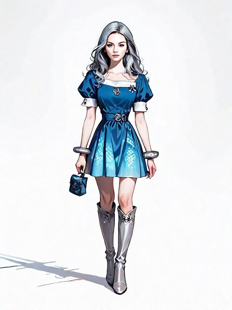 Realistic Comic Style Woman in Blue Dress Full Body Illustration