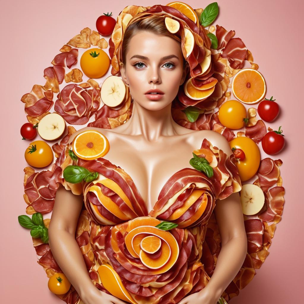 Woman Adorned with Fruits and Cured Meats