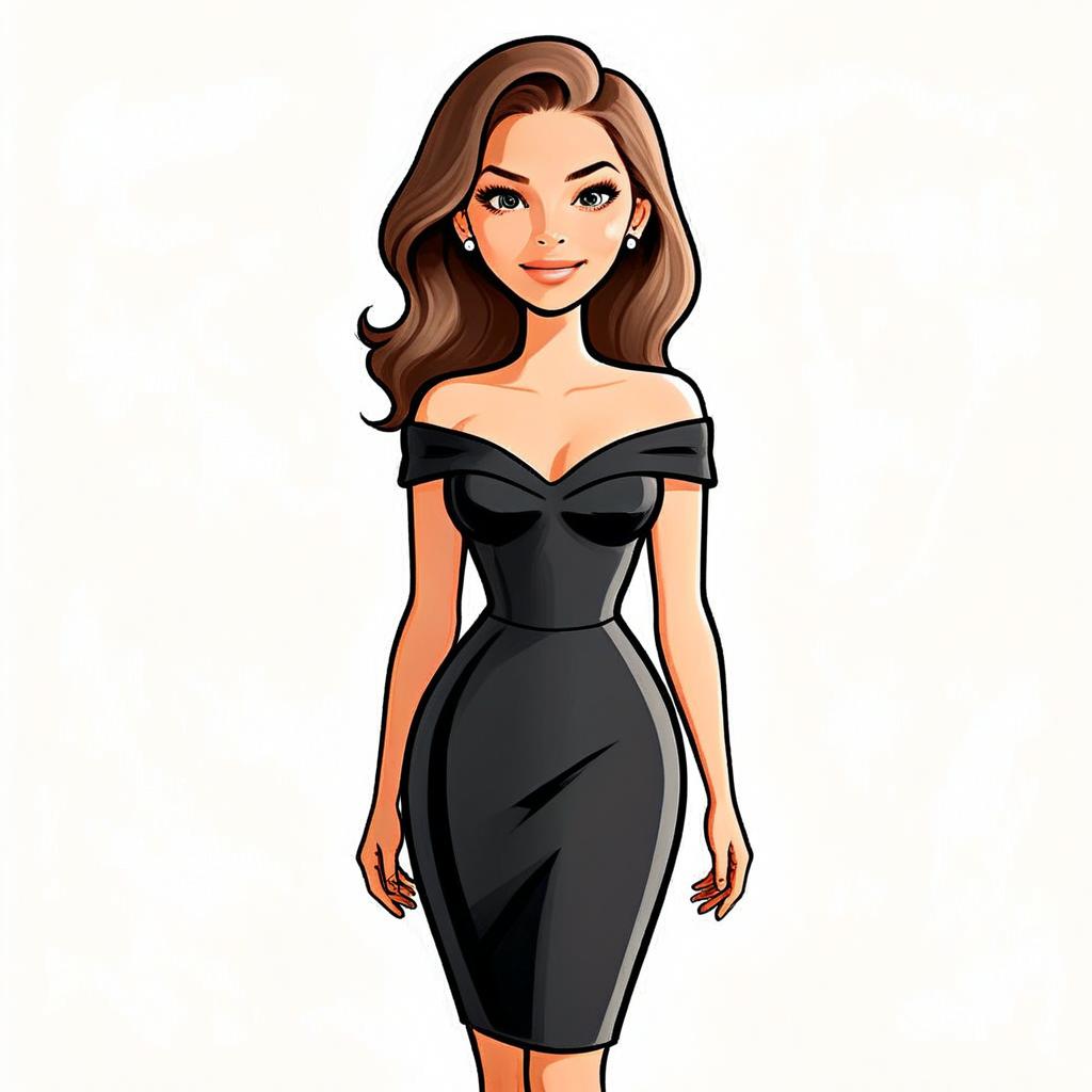 Elegant Woman in Chic Black Off-Shoulder Cocktail Dress Illustration