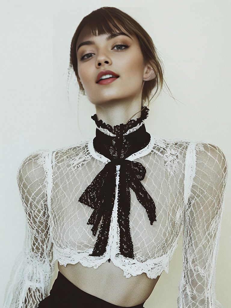 Elegant Woman in Lace Blouse with Bow Tie